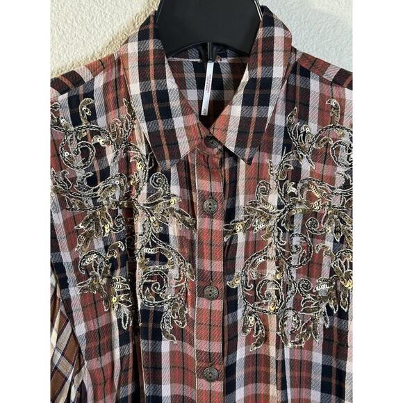 Free People Copper Plaid Snow Top Mountain Top Shirt Button down Medium M NEW - Picture 15 of 16